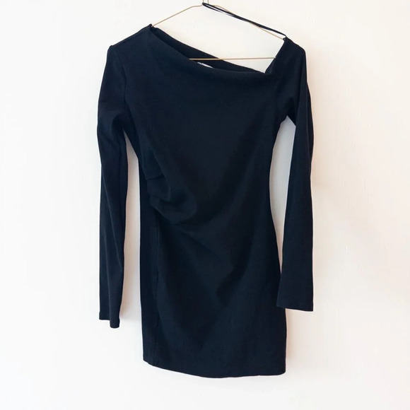 Zara Asymmetric Draped One-Should Black Mini Dress Long Sleeve, Size L - Picture 6 of 10